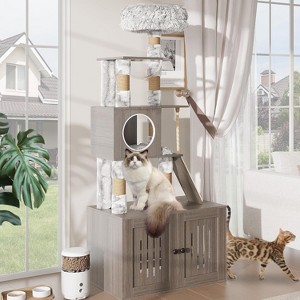 Cat Tree Tower with Litter Box Enclosure 66.9in Condo with Perch & Scratching Posts - Plush Nest, Multi-Tier Play & Rest - 1 of 4
