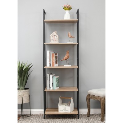 Light Oak and Black 5-Shelf Industrial Etagere Bookcase