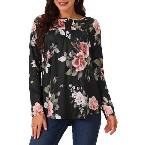 Seta T Women's Loose Fit Long Sleeve Casual Floral Printed Henley V Neck Tunic Tops - 1 of 4