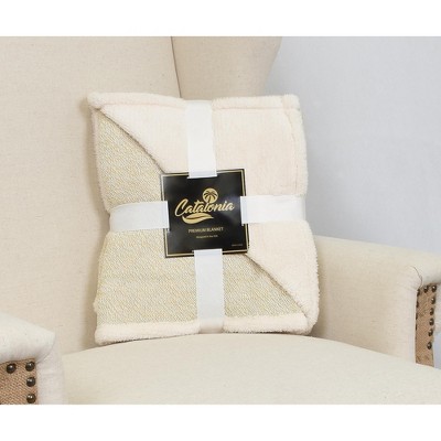 Catalonia Latte Reversible Sherpa Fleece Knit Throw Blanket 60" x 50"