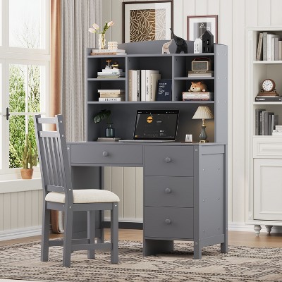 Kumasinova Classic 40" Retro Office Desk with Bookshelf,Computer Desk with Upholstered Chair,Standing Desk with 4 Drawers,Study Desk for Home Office
