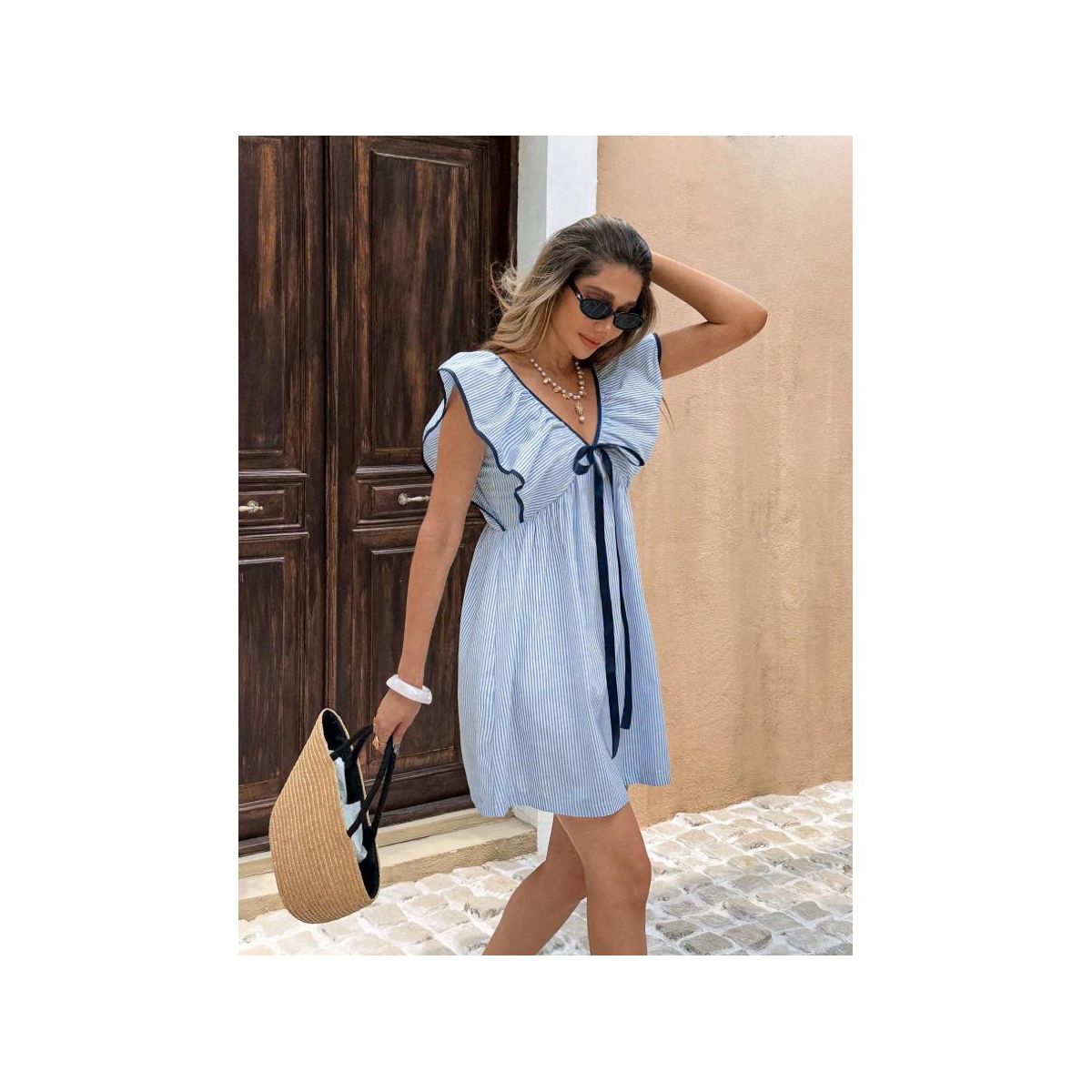 Garvee Women Striped V Neck Babydoll Mini Dress Flounce Patch Short Sleeve Backless Sun Dress Tie Front High Waist Ruffle A Line Dresses - thumbnail 10