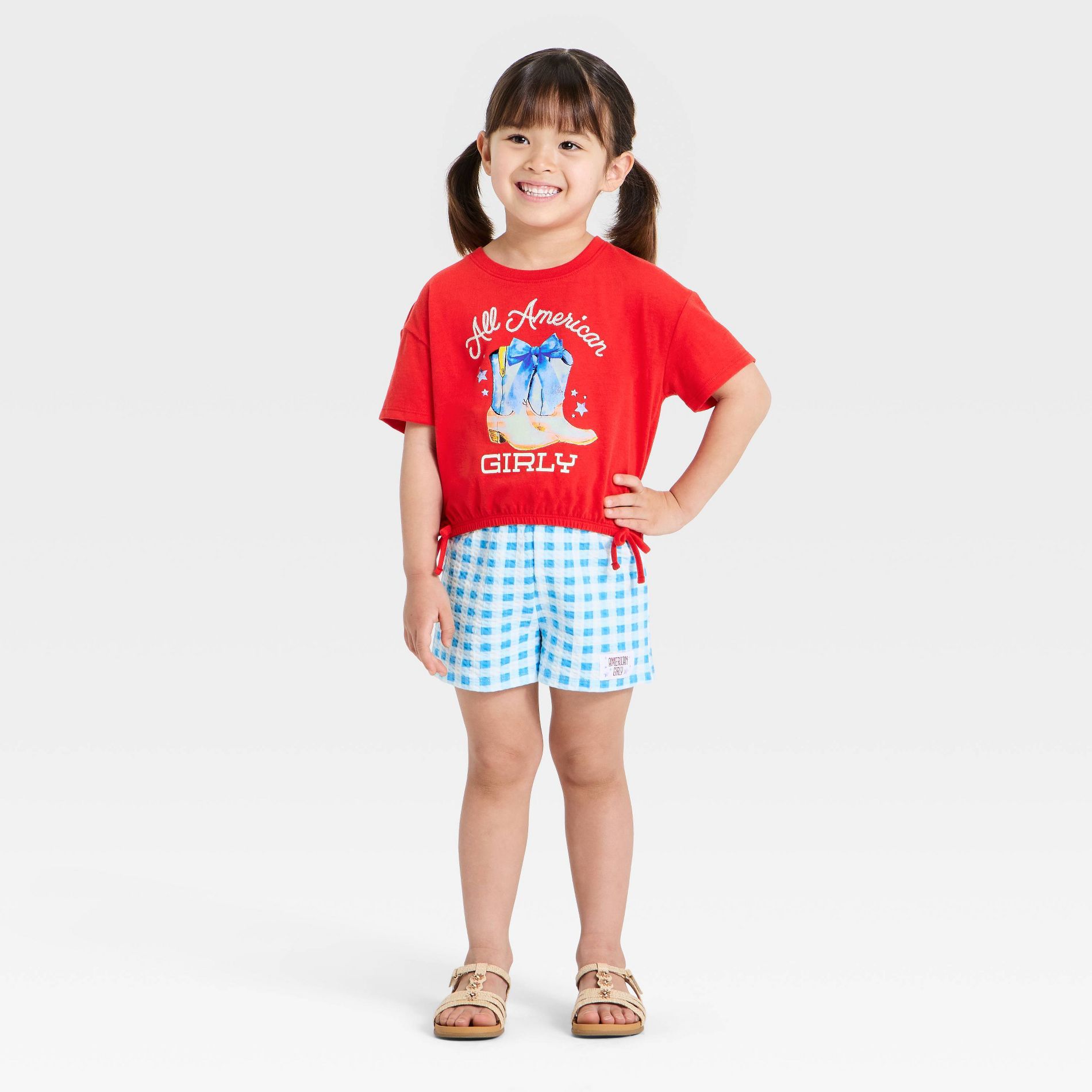 Toddler Girls' 2pc Americana "All American Girly" Cowgirl Boots T-Shirt & Gingham Shorts Set - Red