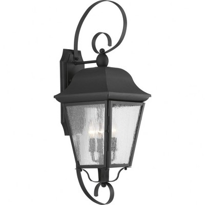 Progress Lighting Kiawah 3-Light Outdoor Wall Lantern in Black with Seeded Glass Panels