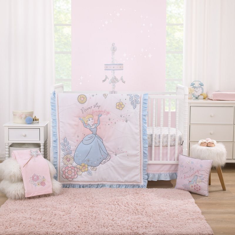 Disney Sweet Princess Light Blue, Pink, and White Cinderella 3 Piece Nursery Crib Bedding Set, 1 of 9