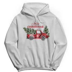Rerun Island Men's Merry Christmas Tree On Truck Long Sleeve Graphic Cotton Hoodie - 1 of 1