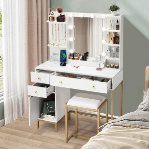 Makeup Vanity Desk with Stool and Charging Station, White Vanity Set Makeup Table with Mirror & Lights - 1 of 4