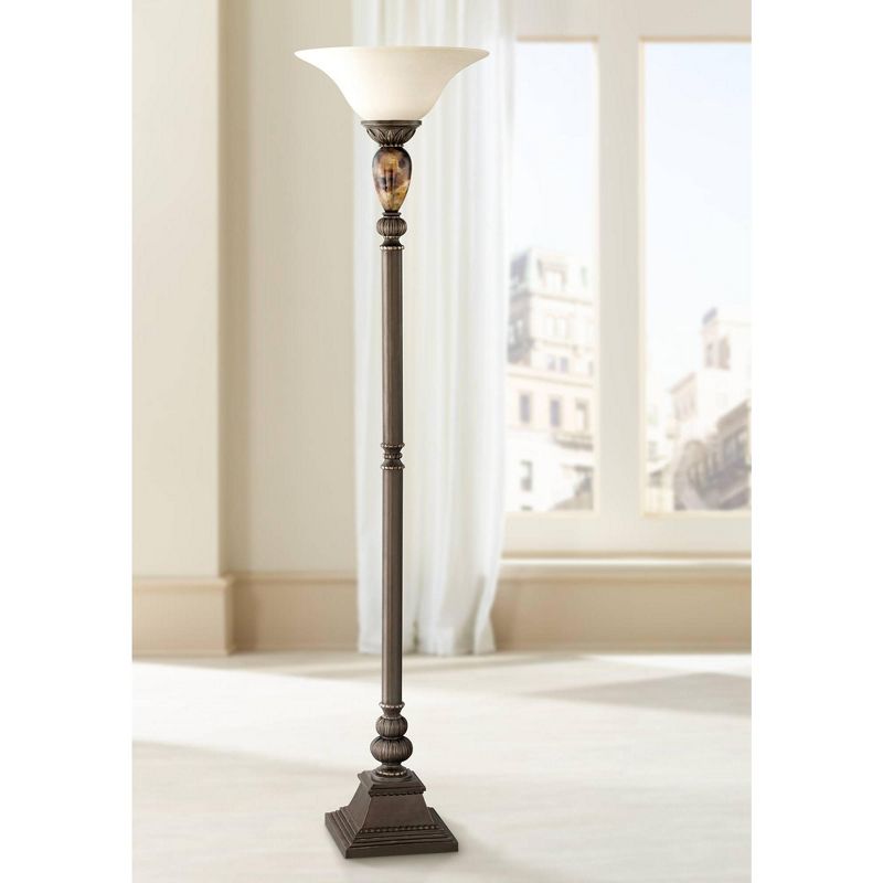 Kathy Ireland Vintage Torchiere Floor Lamp 72" Tall Bronze Tortoise Shell Font Frosted Glass Shade for Living Room Reading House, 2 of 9