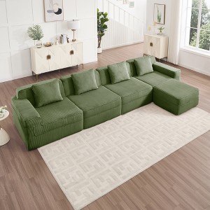 Modular 4-Seat L-Shaped Sectional Sofas, Deep Seat Cloud Couch with 1 Movable Ottoman & Throw Pillows, Plush Corduroy Boneless Sofa for Living Room - 1 of 4