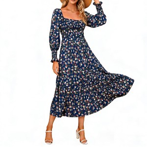 Women's Square Neck Smocked Top Long Sleeve Floral Print Maxi Dress - Soft & Breathable Fabric, Casual Boho Dress - 1 of 4