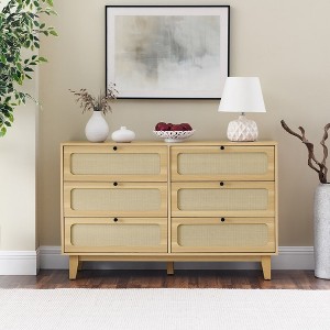 6 Drawer Dresser, Wooden Storage Cabinet With 6 Rattan Drawers, Adjustable Leg Height Sideboard Nightstand For Living Room - 1 of 4