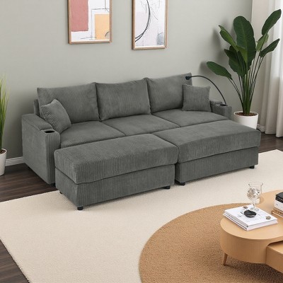 Oversize 102" Corduroy Sectional Sofa Bed with 2 Storage Ottomans, Cup Holders & Phone Holder