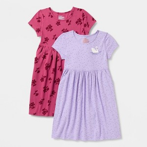 Girls' 2pk Adaptive Short Sleeve Swan and Floral Printed Dress - Cat & Jack™ Berry Pink/Purple - 1 of 4