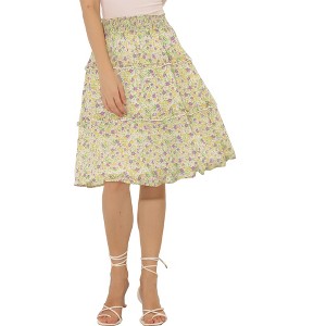 Allegra K Women's Floral Print Smocked Elastic Waist Midi Flowy Tiered Ruffle Skirt - 1 of 4