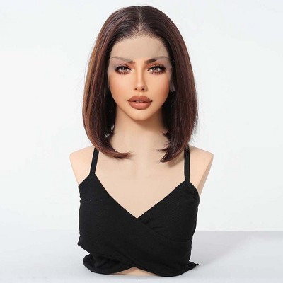 Jessie's Wig 10 Inch Bob Lace Wigs Synthetic Hair 13*6 Lace Copper Brown With Black Roots 1 Pc/Pack