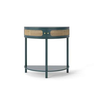 Lirago Unique Half Moon End Table with 2 Rattan Cabinets and Bottom Shelf (Green)15.75"W * 31.5"L  * 32.3"H