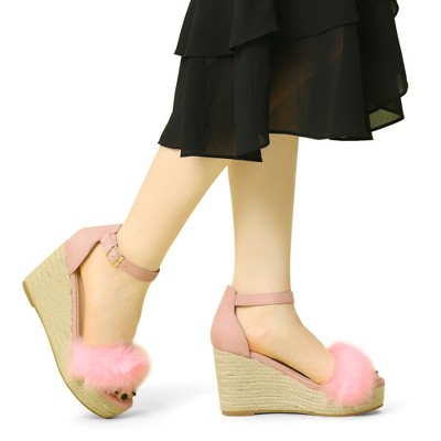 Allegra K Women's Espadrille Platform Heels Fur Ankle Strap Wedge Heel Sandals