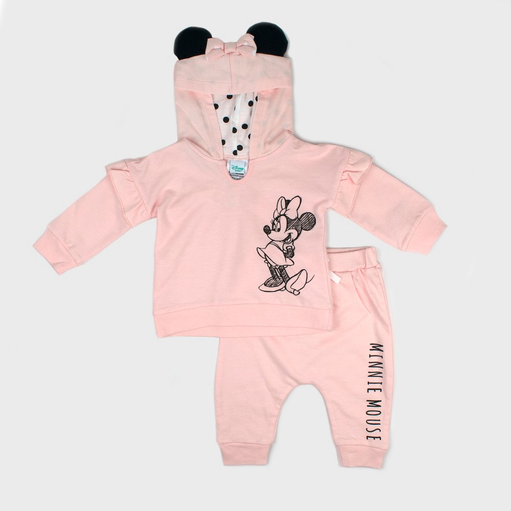 Size 0/3=M Baby Girls' Disney Mickey Mouse & Friends Minnie Mouse Hooded Sweatshirt and Kangaroo Pocket Joggers Set - Pink 0-3M