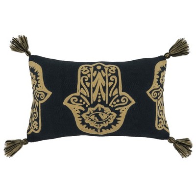 Saro Lifestyle Hamsa Hand Embroidered Pillow - Down Filled, 12"x20" Oblong, Black