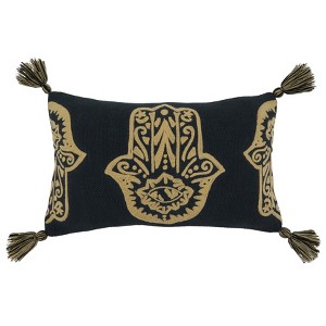 Saro Lifestyle Hamsa Hand Embroidered Pillow - Down Filled, 12"x20" Oblong, Black - 1 of 3