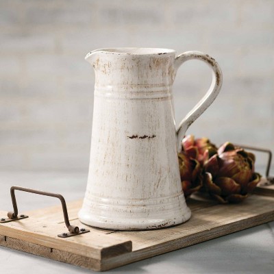 Off-White Glazed Ceramic Decorative Pitcher Vase 10"