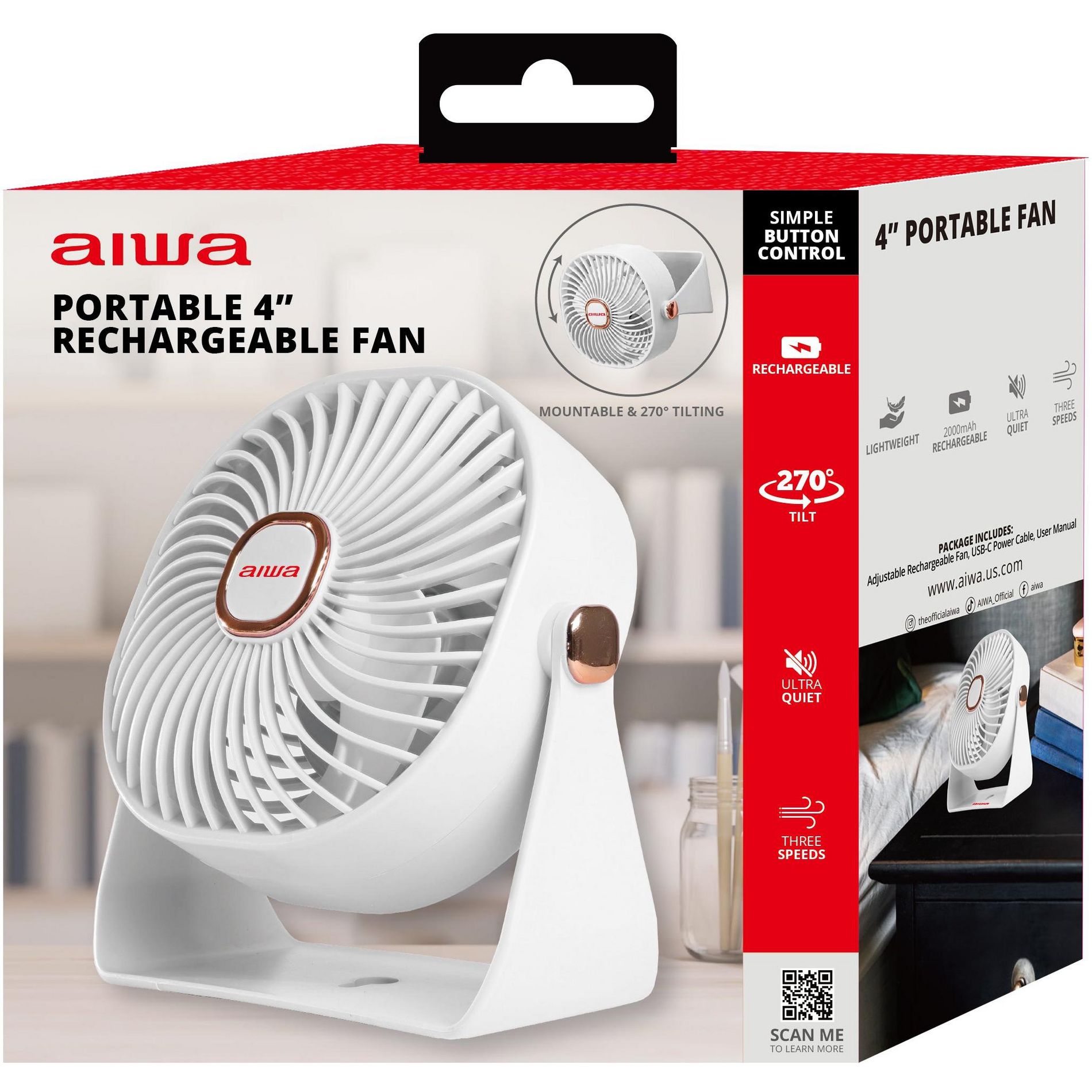 Aiwa 4 Inch Desk Fan, USB-C Rechargeable Mini Fan with 3 Speeds and 270-Degree Rotation, White