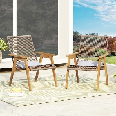 Acacia Wood Cape Woven Wicker Patio Accent Chair Set Of 2,Modern Arm Chair With Pillow,Patio Chairs Outdoor,Outdoor Furniture -Maison Boucle