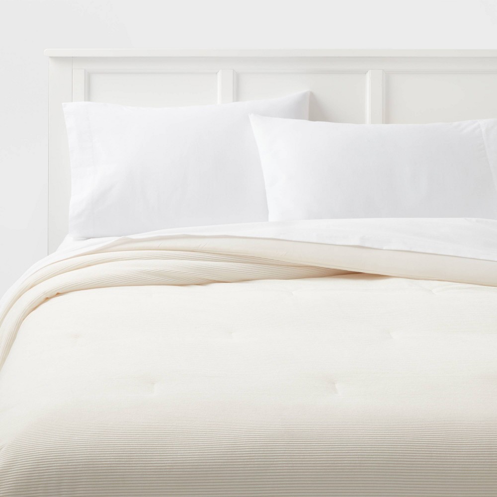 Photos - Duvet Full/Queen Corduroy Plush Comforter Ivory - Room Essentials™