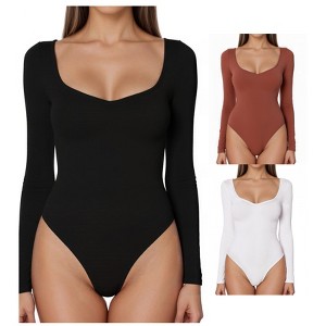 INSPIRE CHIC Women's Bodysuit Long Sleeve Regular Fit V Neck Tummy Control Brief Shapewear 3 Packs - 1 of 4