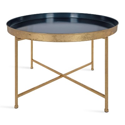 Navy Blue and Gold Leaf Round Lift-Top Metal Coffee Table