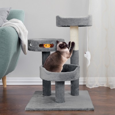 Gray 3-Tier Cat Tower with Sisal Rope Scratching Post