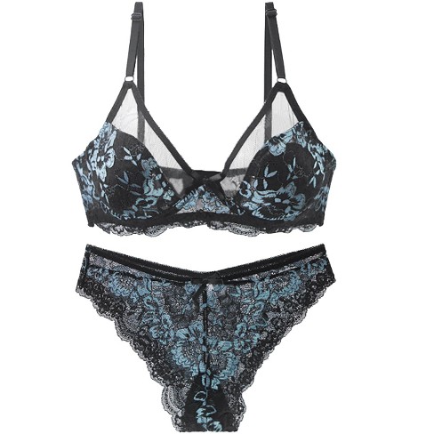 Agnes Orinda Women's Underwire Floral Lace Mesh Push-up 2-hook Lace Trim Bra  And Panty Set Black Blue 40b-l : Target