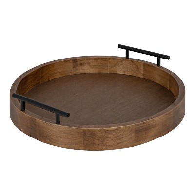 Rustic Brown Round Wood Tray with Black Metal Handles, 15.5" Diameter