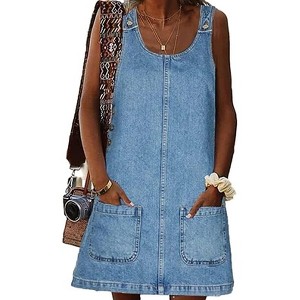 Women's Sleeveless Casual Denim Dress Crewneck Vintage Loose Jean Overall Dress with Pockets - 1 of 4