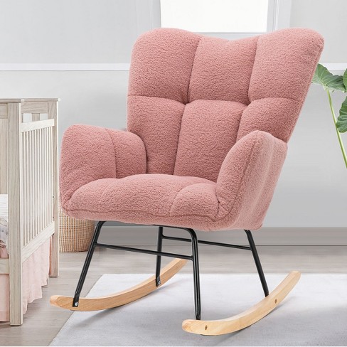 Epping Accent Modern Armchair Pink Faux Shearling Fabric Upholstered Nursery Glider Rocker Wingback Chair Rocking Chairs Maison Boucle