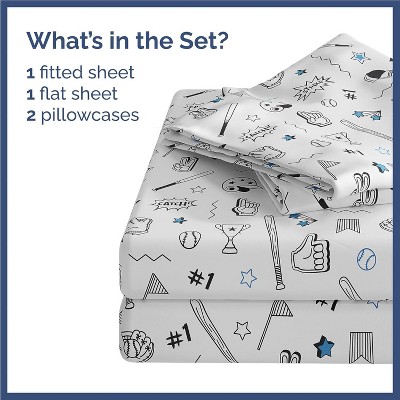 Queen Blue and White Baseball Print Microfiber Sheet Set