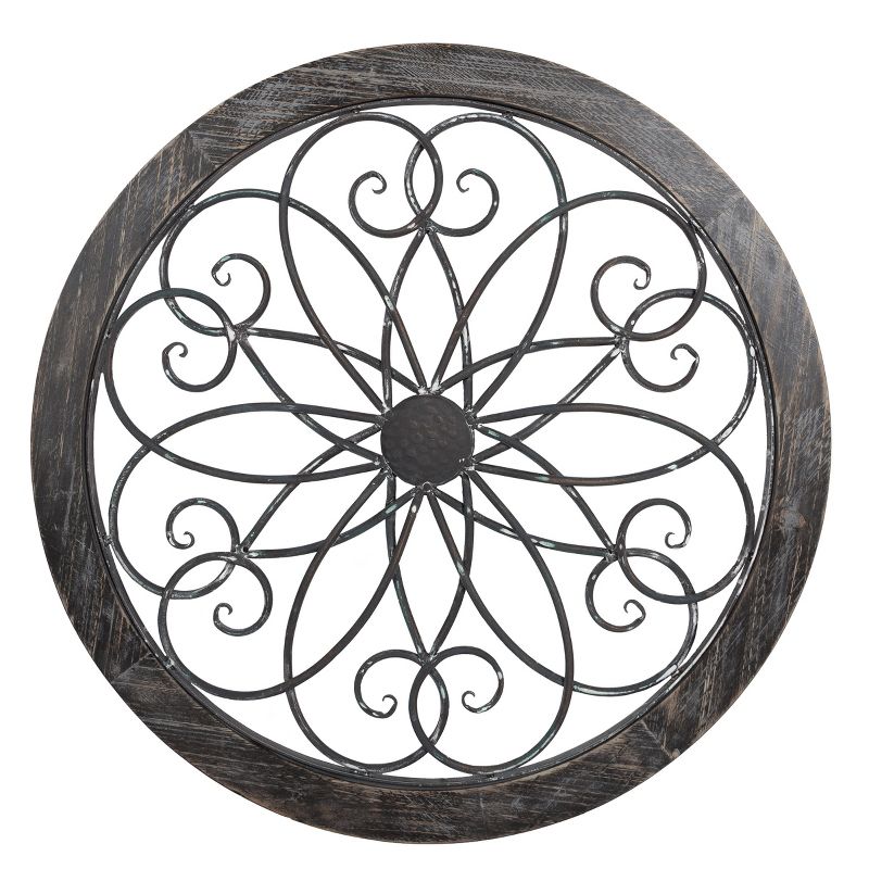 Medallion Metal Wall Art- 24 Inch Round Iron Scrollwork, Flower & Wood Frame Home Decor in Gray, Hand Crafted- Mounting Screws Included by Lavish Home, 1 of 8