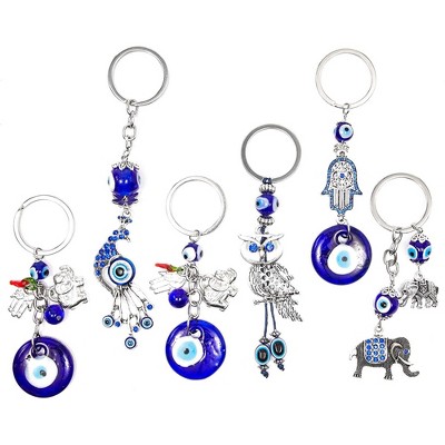 Juvale 6 Pack Hamsa Evil Eye Amulet Décor Keychains with Key Rings for Good Luck, Dark Blue