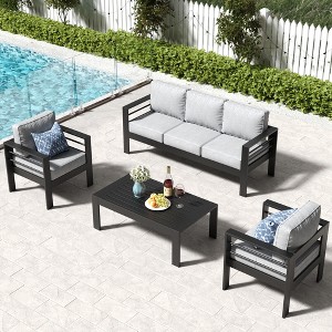 LayinSun Outdoor Aluminum Furniture Set, 4 Pieces Patio Sectional Conversation Chat Sofa Modern Seating Set with Coffee Table - 1 of 4