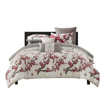 N Natori Floral Oversized Cotton Sateen Comforter Set with matching Shams, Multi - Queen