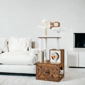 Modern Cat Tree with Litter Box Enclosure - 2-in-1 Cat Tower, 55.1-Inch Cat Condo with Scratching Posts, Removable Pompom Sticks - 1 of 4