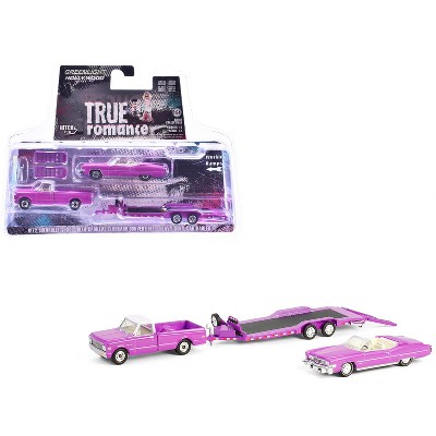 1974 Cadillac Eldorado Convertible Pink and 1972 Chevrolet C-30 Truck Pink with Hauler 1/64 Diecast Model Cars by Greenlight