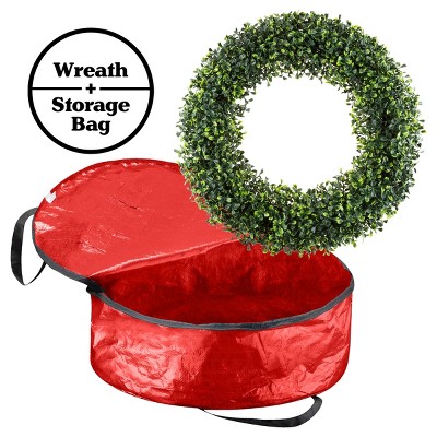 Front Door Wreath and Storage Bag – 19.5-Inch Artificial Boxwood Wreath and Red Zippered Tote with Handles – Farmhouse Greenery Decor by Pure Garden