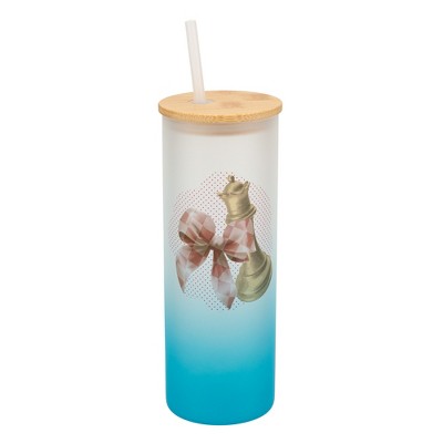 Elanze Designs 25 Ounce Frosted Glass Gradient Travel Tumbler With Straw and Wooden Lid, Chess Piece With Bow Sky Blue