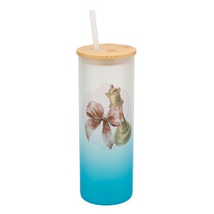 Elanze Designs 25 Ounce Frosted Glass Gradient Travel Tumbler With Straw and Wooden Lid, Chess Piece With Bow Sky Blue - 1 of 1