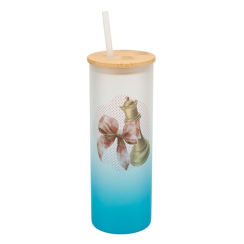 Elanze Designs 25 Ounce Frosted Glass Gradient Travel Tumbler With Straw and Wooden Lid, Chess Piece With Bow Sky Blue - image 1 of 1