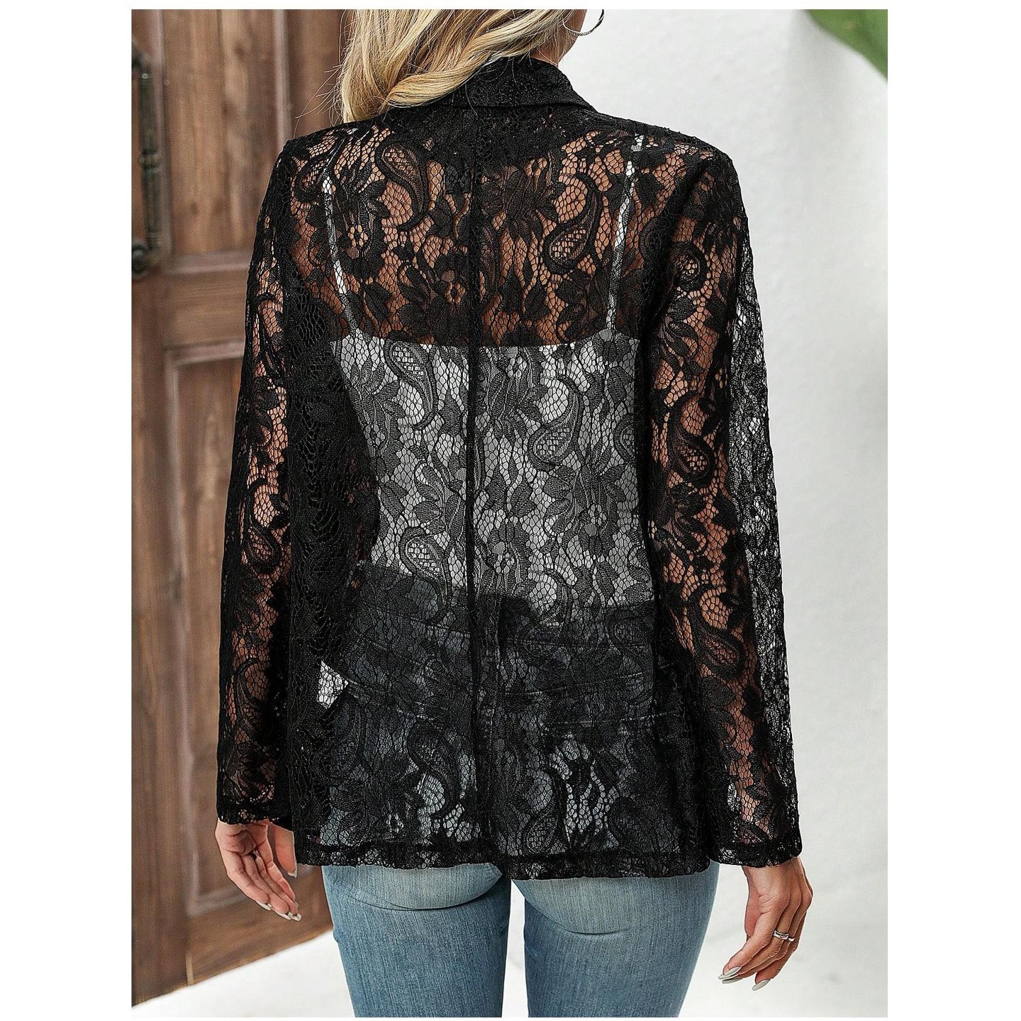 Женские кардиганы YesFashion Long Sleeve Floral Lace Open Front Blazer Jacket Sheer Lapel Collar Lightweight Cardigan Outerwear Casual Cover Up, XL, Black, цвет: С принтом — фото 3