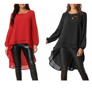 INSPIRE CHIC Women's Lantern Long Sleeve Round Neck High Low Irregular Hem Casual Blouse 2 Packs - 1 of 4