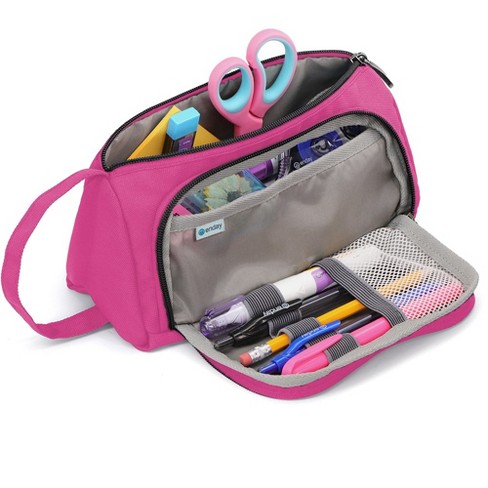 Enday Big Capacity Pencil Case, 3 Compartments Pencil Bags with Zipper, Pink