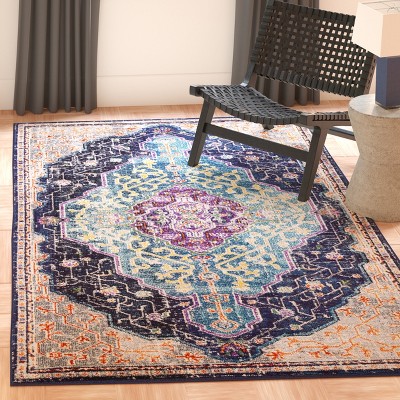 Monaco Square Black and Blue Boho Chic Area Rug